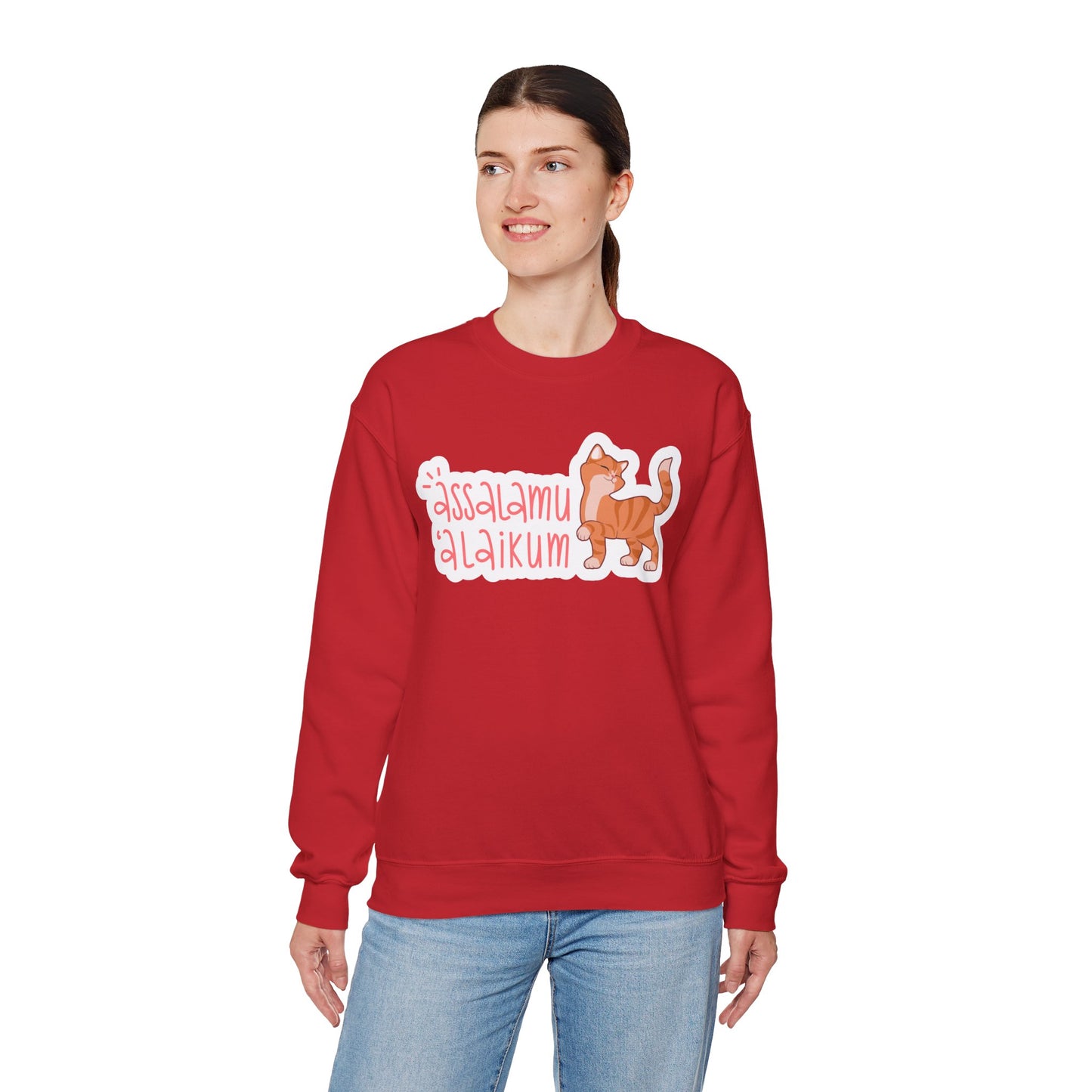 Assalamualaikum Typographic Sweatshirt - Cute Cat Smug Graphic Cozy Soft Cotton Unisex Sweatshirt