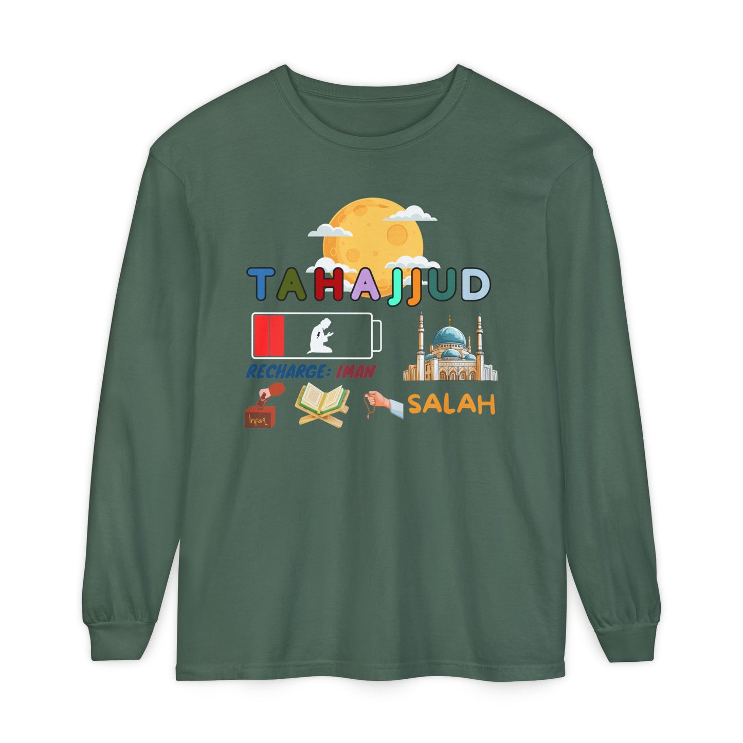 Tahajjud Recharge Iman Graphic Long-Sleeve Tee T-Shirt - Tahajjud Recharge Iman Typography Islamic Unisex Long-Sleeve Tee