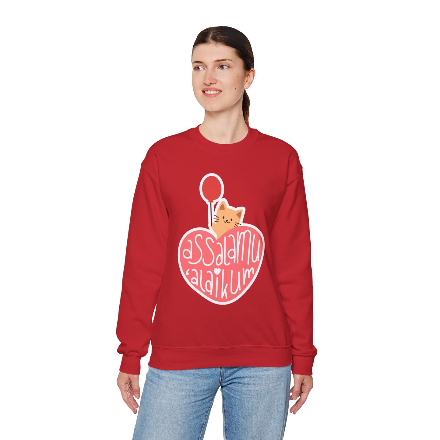 Assalamualaikum Typographic Sweatshirt - Cute Cat Heart Balloon Graphic Cozy Soft Cotton Unisex Sweatshirt