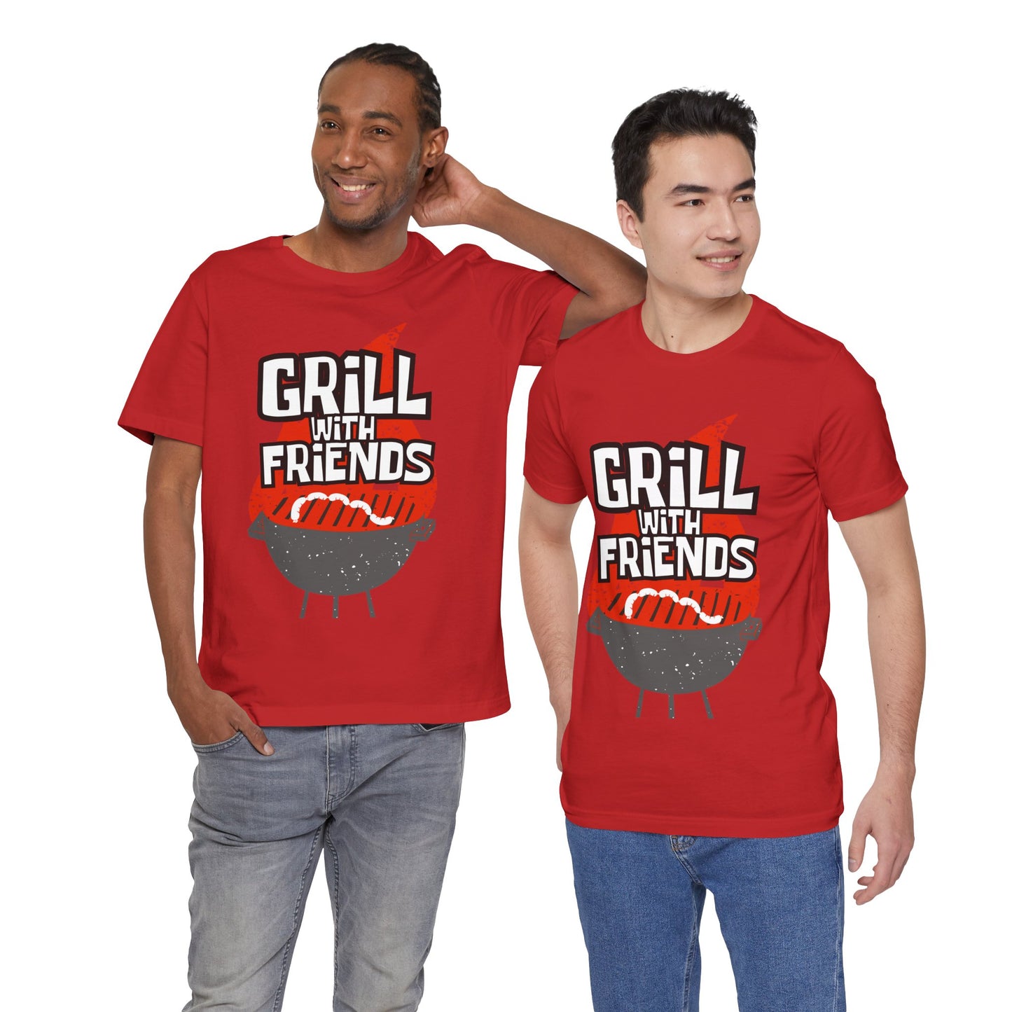 Grill with Friends Typographic Tee T-Shirt - Cozy Soft Cotton Unisex Sausage Graphic Tee T-Shirt