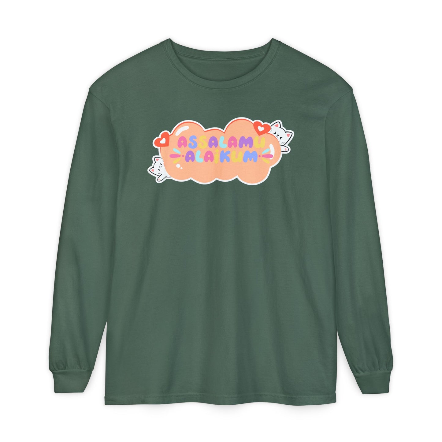 Assalamualaikum Typographic Long Sleeve Tee T-Shirt - Cute Cat Lover Graphic Cozy Soft Cotton Unisex Long Sleeve Tee