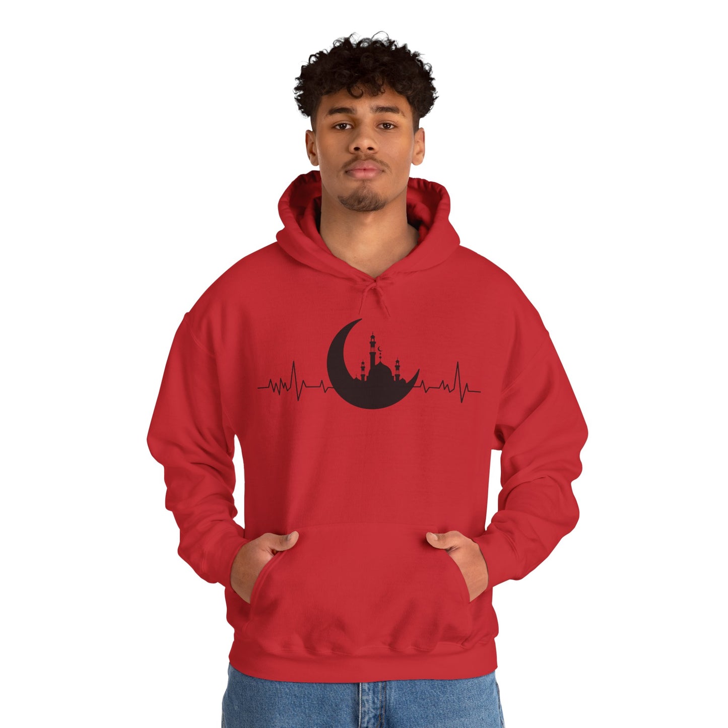 Moonlit Heartbeat Crescent Mosque Graphic Hoodie - Cozy Soft Cotton Graphic Unisex Hoodie