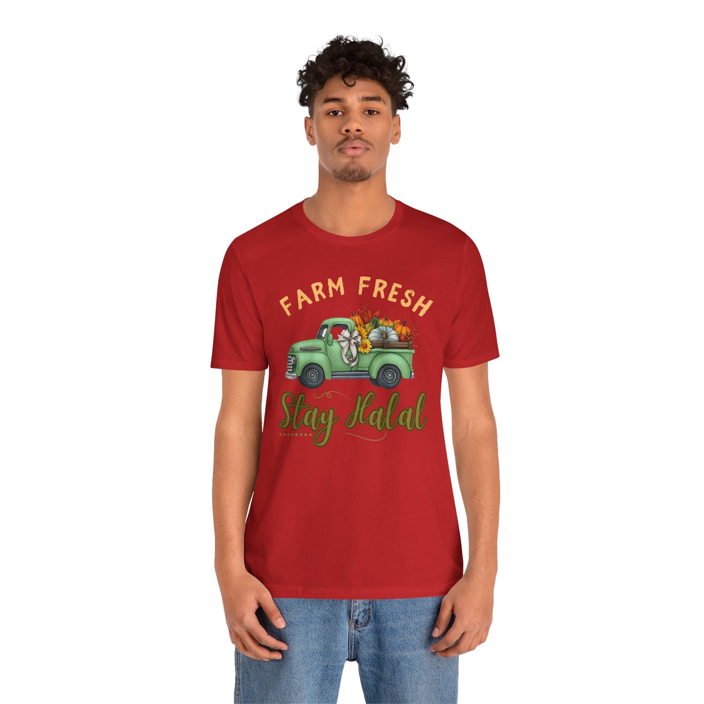Farm Fresh Stay Halal Graphic Tee T-Shirt - Soft Cozy Cute Pumpkin Truck Graphic Unisex Tee