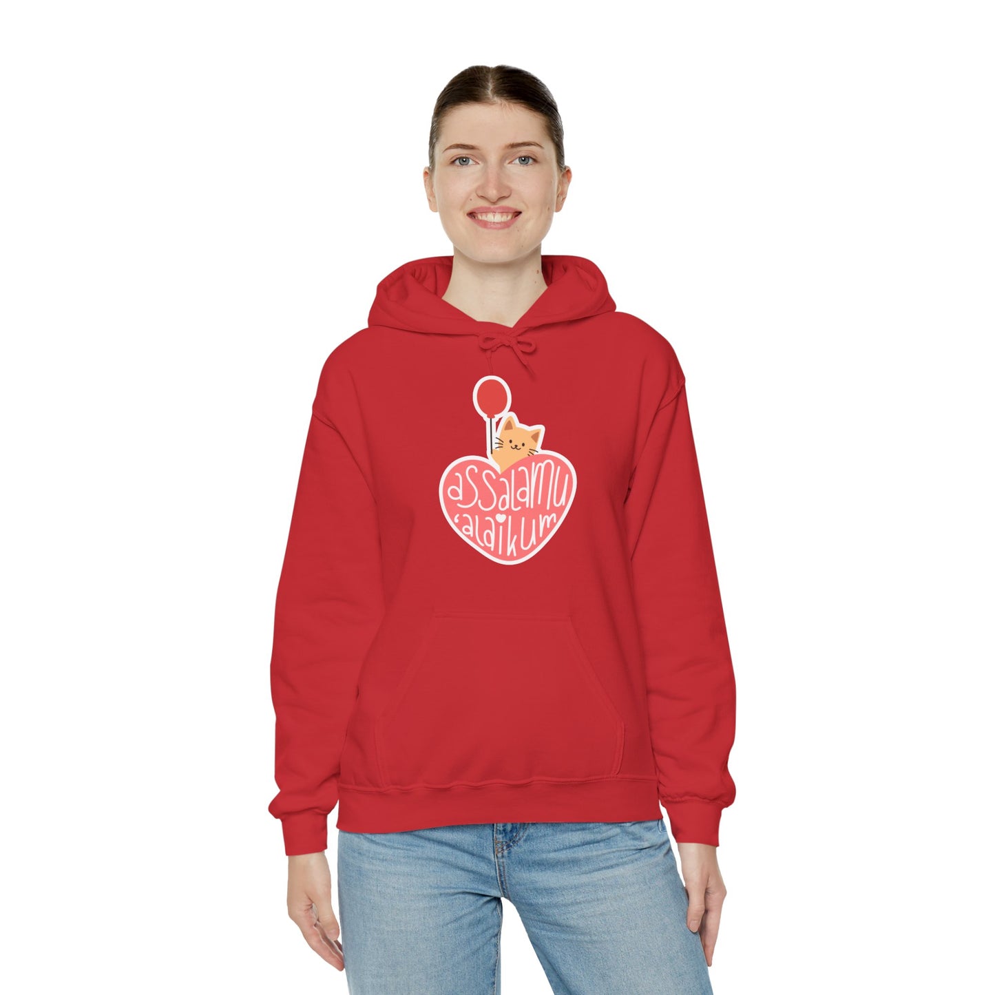 Assalamualaikum Typographic Hoodie - Cute Cat Heart Balloon Graphic Cozy Soft Cotton Unisex Hoodie