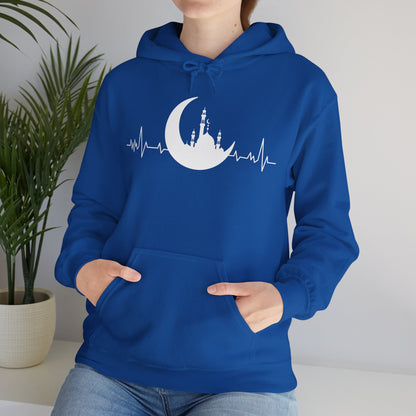 Moonlit Heartbeat Crescent Mosque Graphic Hoodie - Cozy Soft Cotton Graphic Unisex Hoodie