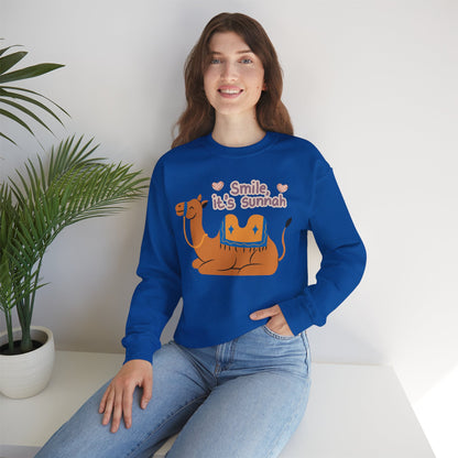 Smile Its Sunnah Typographic Sweatshirt - Cute Camel Smiling Cozy Soft Cotton Unisex Sweatshirt
