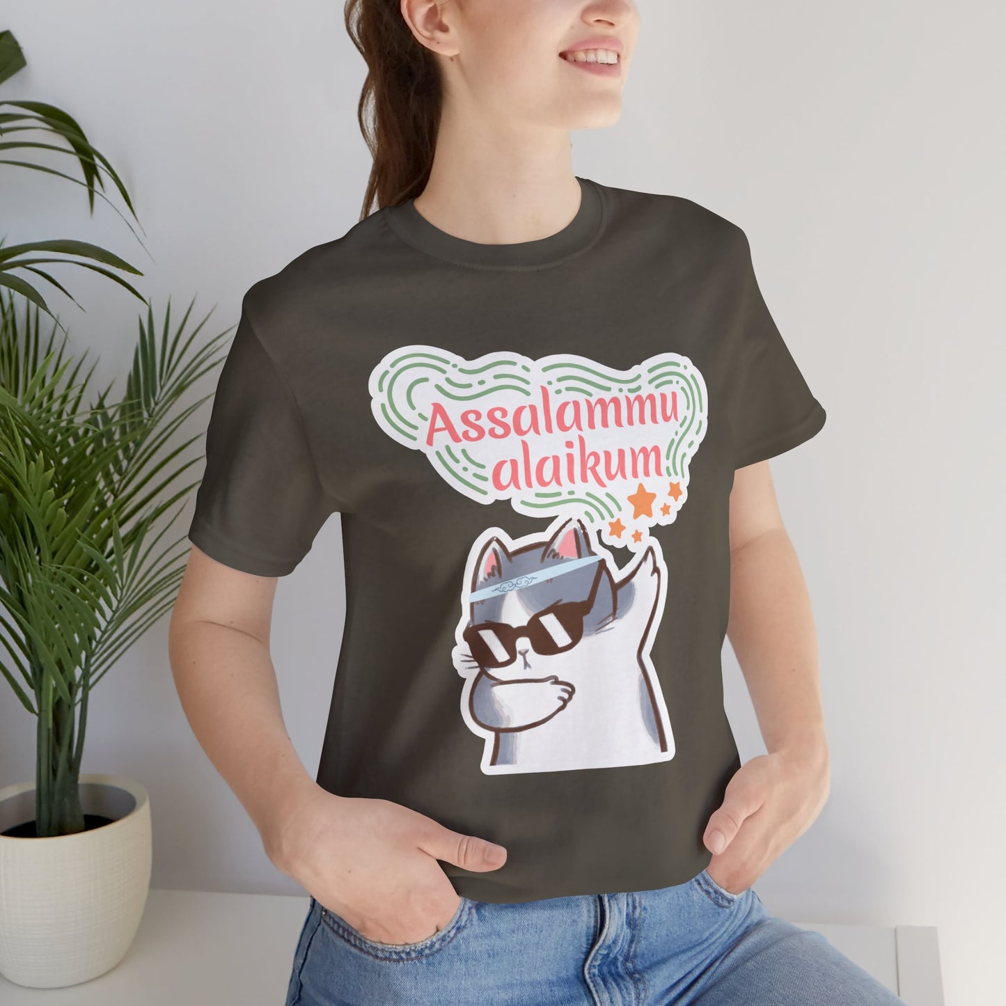 Assalamualaikum Typographic Tee T-Shirt - Cat Sunglasses Graphic Cozy Soft Cotton Unisex Tee