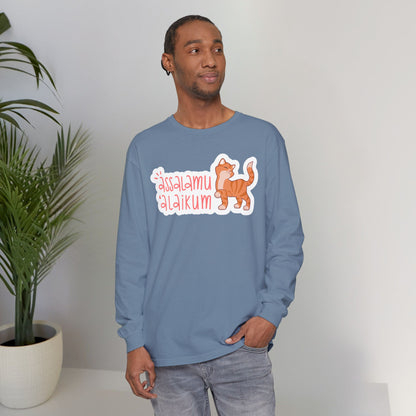 Assalamualaikum Typographic Long Sleeve Tee T-Shirt - Cute Cat Smug Graphic Cozy Soft Cotton Unisex Long Sleeve Tee