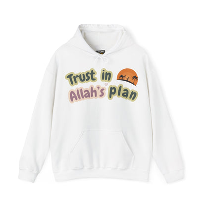 Trust in Allah's Plan Typographic Hoodie - Camel Travel in Desert Cozy Soft Cotton Unisex Hoodie