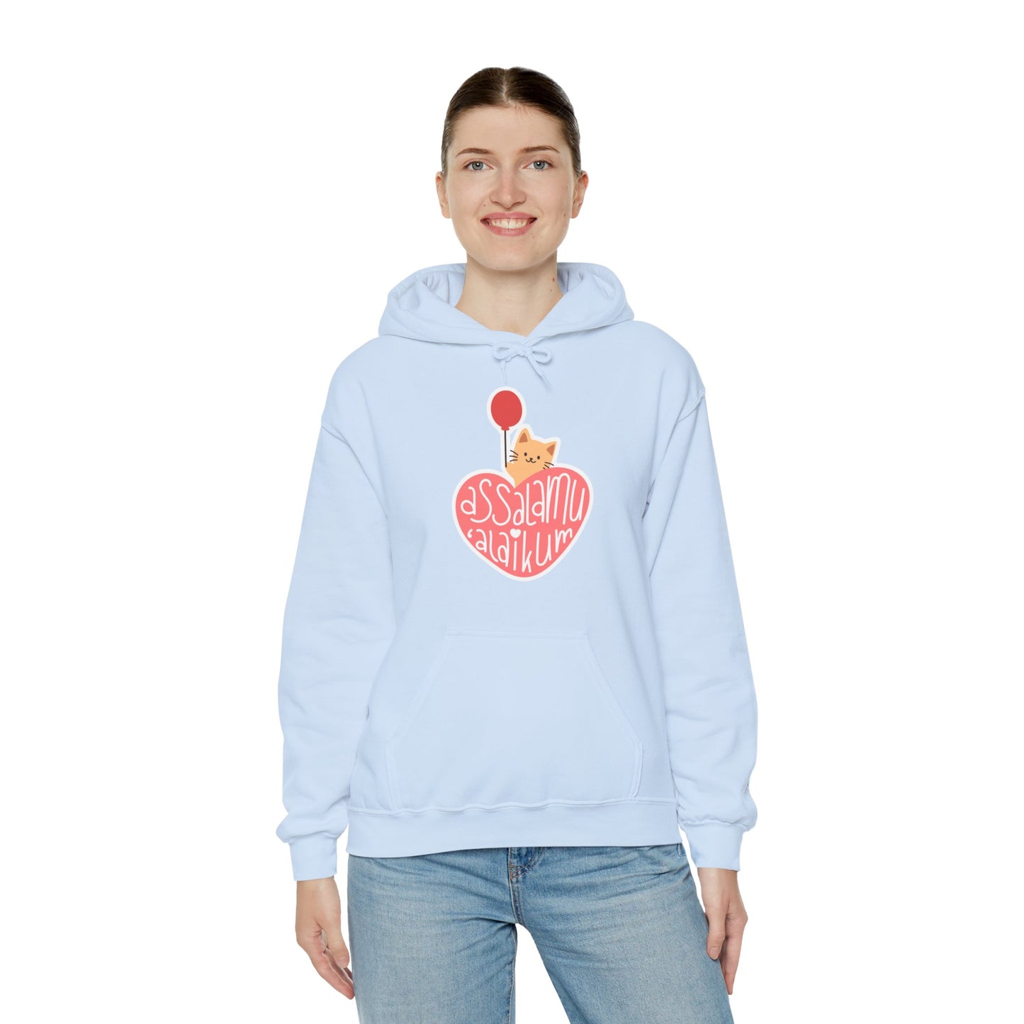 Assalamualaikum Typographic Hoodie - Cute Cat Heart Balloon Graphic Cozy Soft Cotton Unisex Hoodie