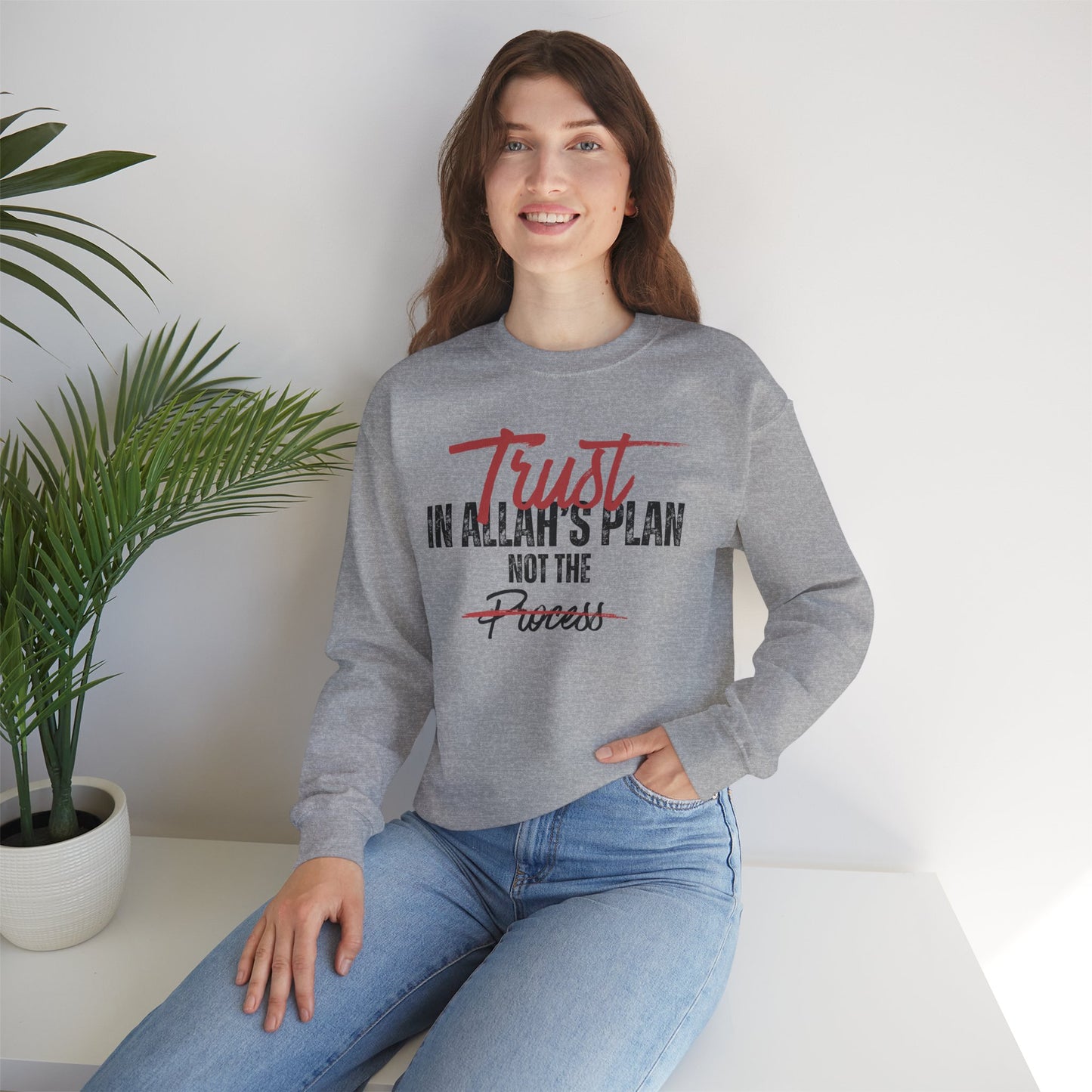 Trust in Allah's Plan Not The Process Typographic Sweatshirt - Tawakkul Cozy Soft Cotton Unisex Sweatshirt