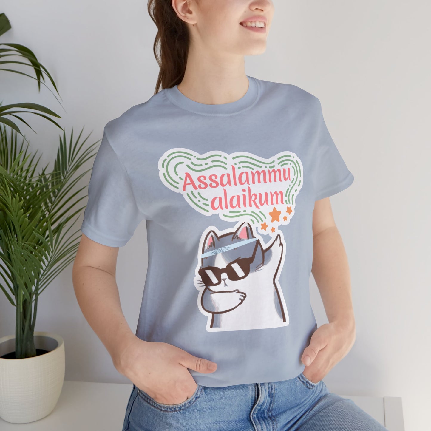 Assalamualaikum Typographic Tee T-Shirt - Cat Sunglasses Graphic Cozy Soft Cotton Unisex Tee