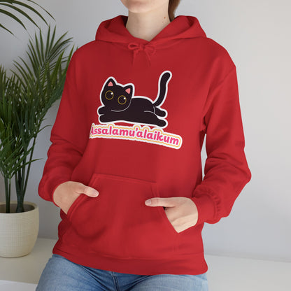 Assalamualaikum Typographic Hoodie - Cute Black Cat Graphic Cozy Soft Cotton Unisex Hoodie