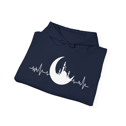 Moonlit Heartbeat Crescent Mosque Graphic Hoodie - Cozy Soft Cotton Graphic Unisex Hoodie