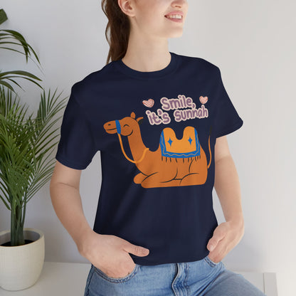 Smile Its Sunnah Typographic Tee T-Shirt - Cute Camel Smiling Cozy Soft Cotton Unisex Tee