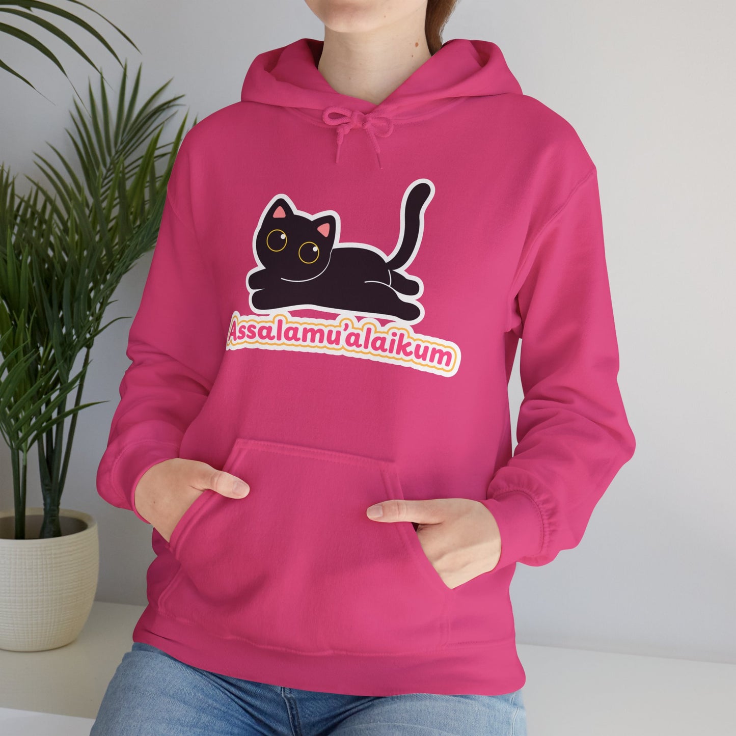Assalamualaikum Typographic Hoodie - Cute Black Cat Graphic Cozy Soft Cotton Unisex Hoodie