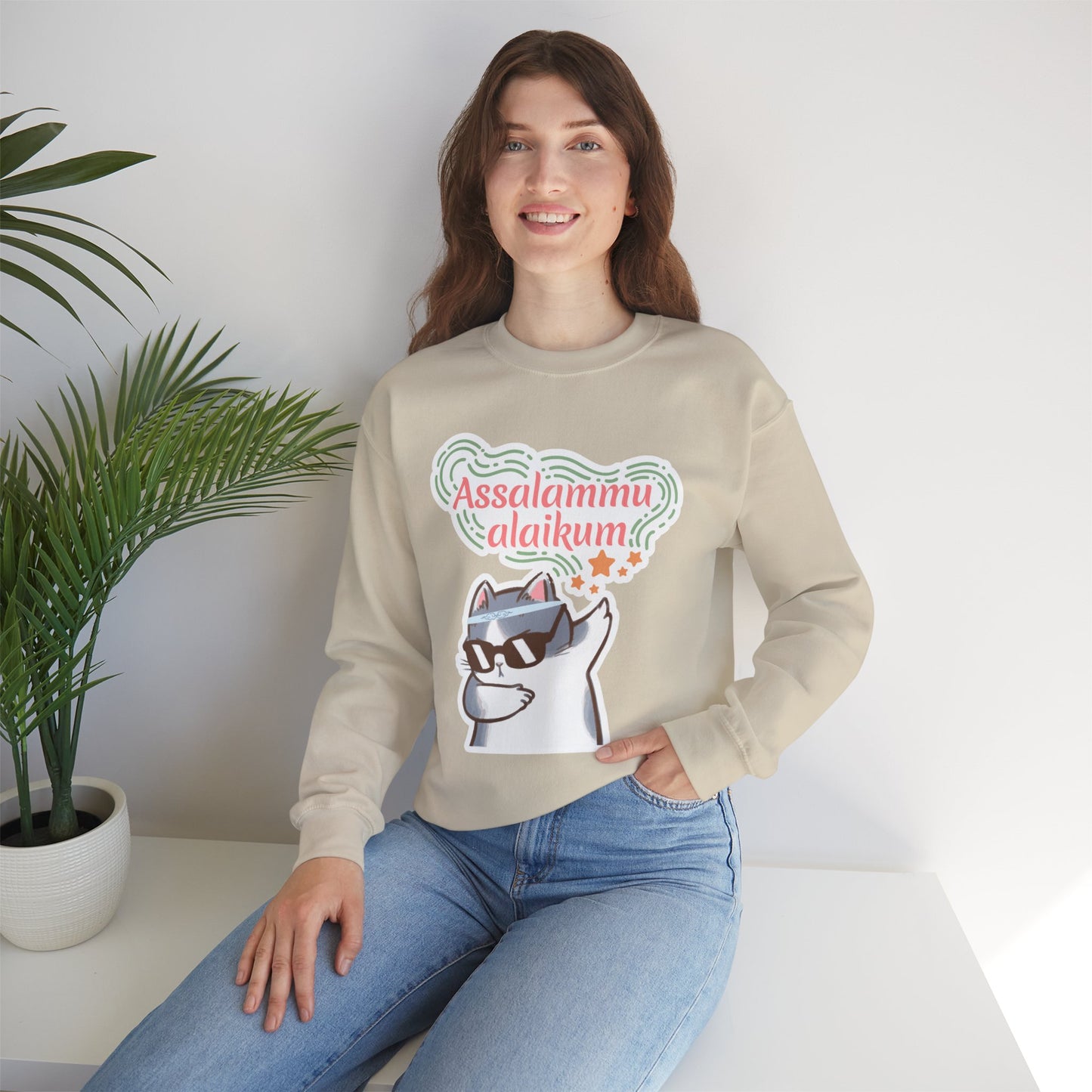 Assalamualaikum Typographic Sweatshirt - Cat Sunglasses Graphic Cozy Soft Cotton Unisex Sweatshirt