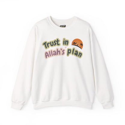 Trust in Allah's Plan Typographic Sweatshirt - Camel Travel in Desert Cozy Soft Cotton Unisex Sweatshirt