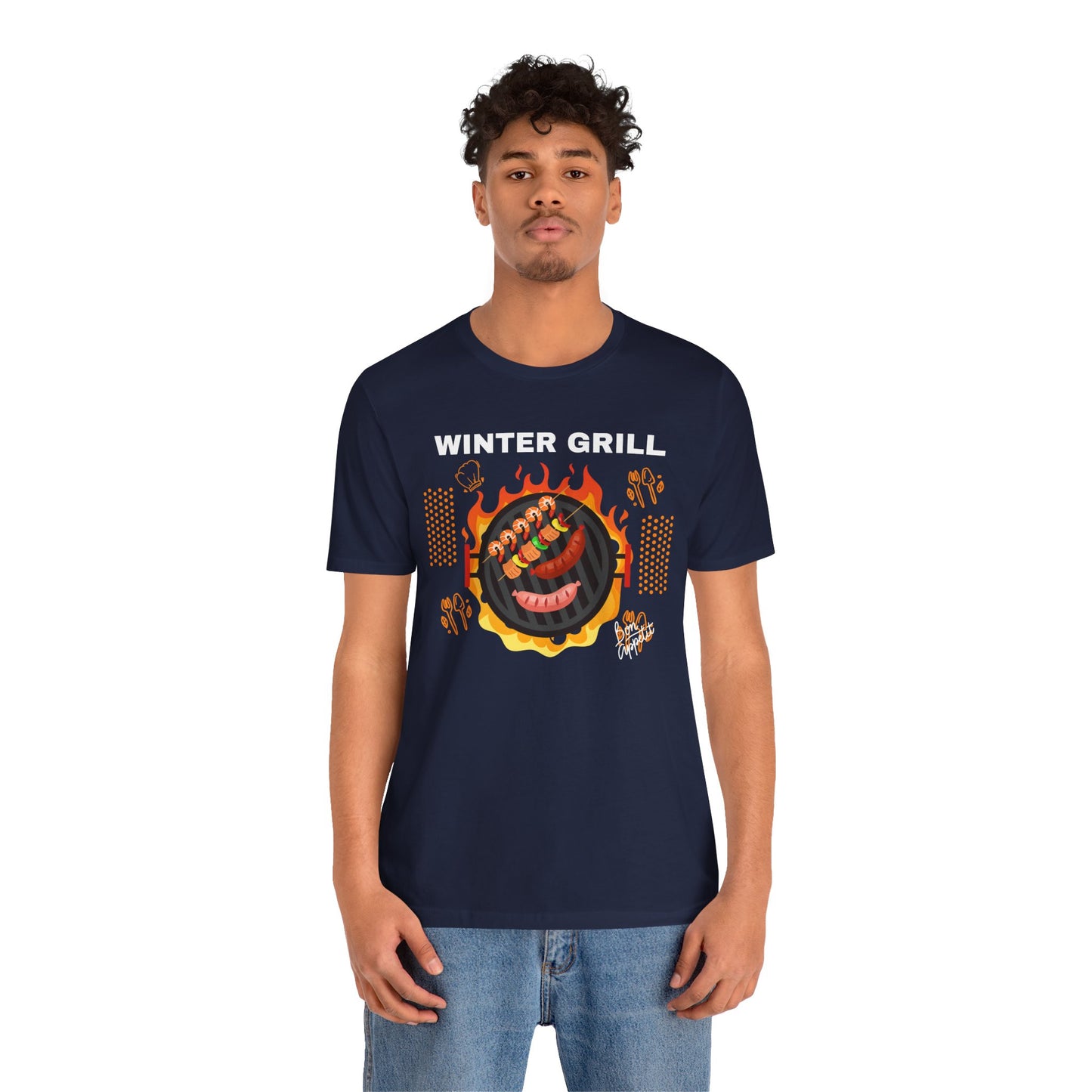 Winter Grill Typographic Tee T-Shirt - Cozy Soft Cotton Unisex Sausage Graphic Tee T-Shirt