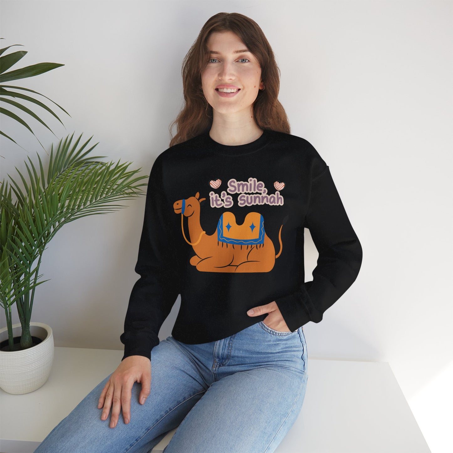 Smile Its Sunnah Typographic Sweatshirt - Cute Camel Smiling Cozy Soft Cotton Unisex Sweatshirt