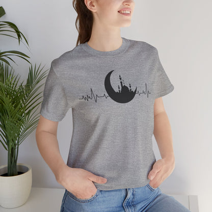 Moonlit Heartbeat Crescent Mosque Graphic Tee T-Shirt - Cozy Soft Cotton Graphic Unisex Tee