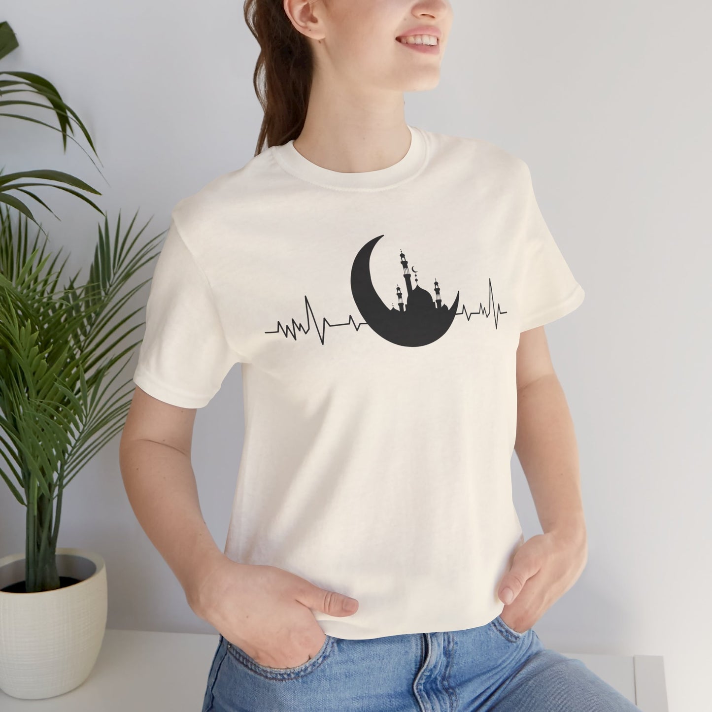 Moonlit Heartbeat Crescent Mosque Graphic Tee T-Shirt - Cozy Soft Cotton Graphic Unisex Tee