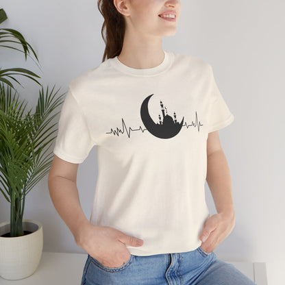 Moonlit Heartbeat Crescent Mosque Graphic Tee T-Shirt - Cozy Soft Cotton Graphic Unisex Tee