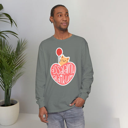 Assalamualaikum Typographic Long Sleeve Tee T-Shirt - Cute Cat Heart Balloon Graphic Cozy Soft Cotton Unisex Long Sleeve Tee