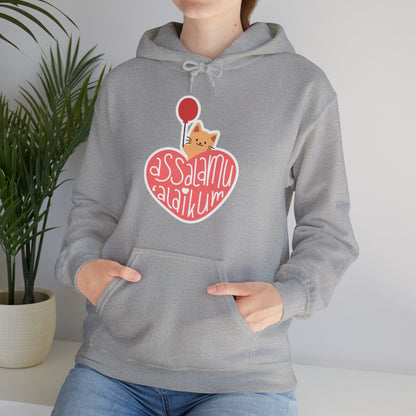 Assalamualaikum Typographic Hoodie - Cute Cat Heart Balloon Graphic Cozy Soft Cotton Unisex Hoodie