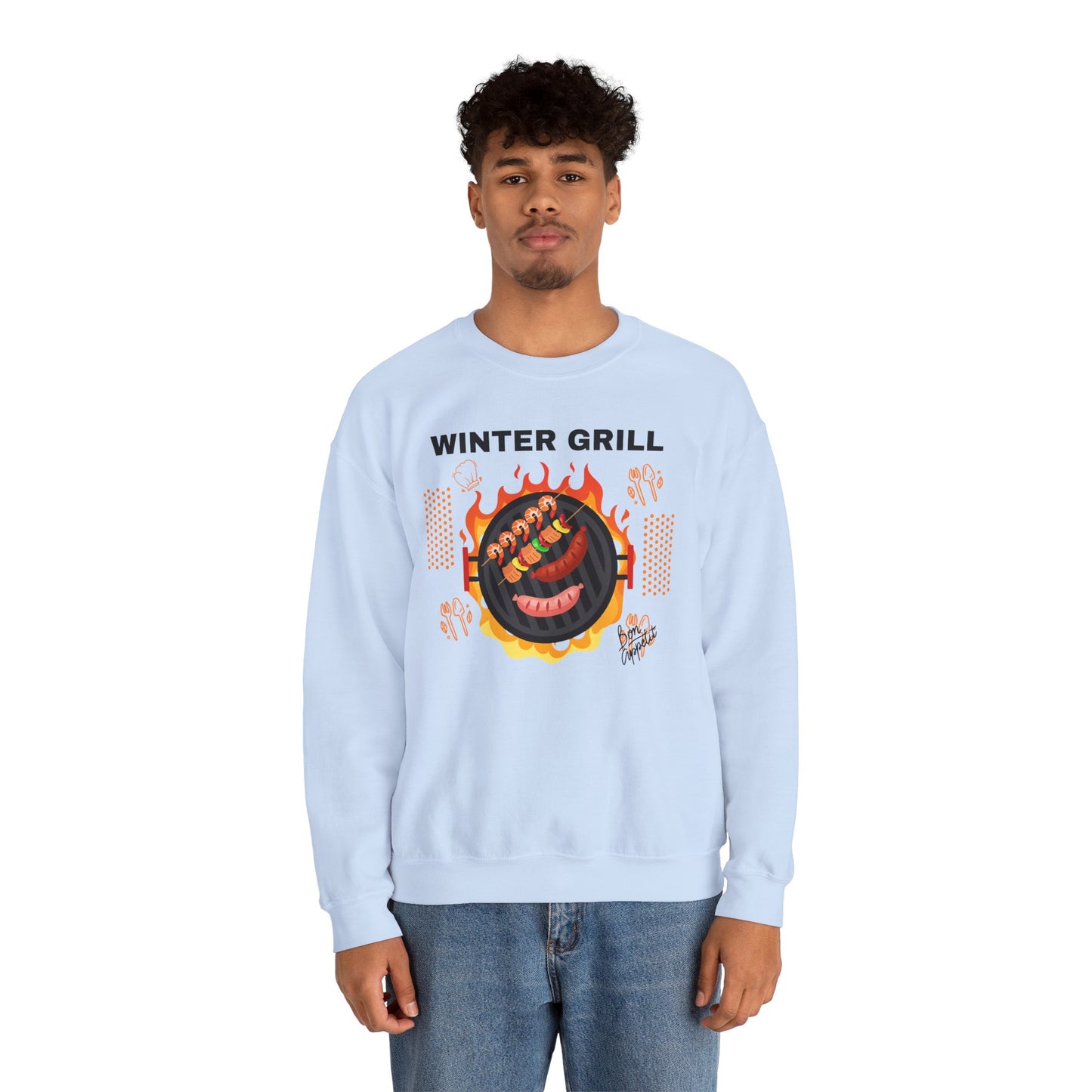 Winter Grill Typographic Sweatshirt - Cozy Soft Cotton Unisex Sausage Graphic Sweatshirt