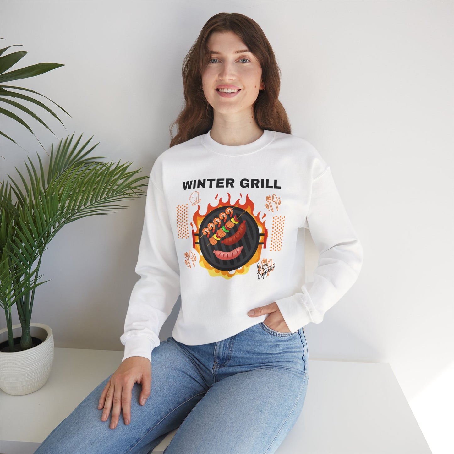 Winter Grill Typographic Sweatshirt - Cozy Soft Cotton Unisex Sausage Graphic Sweatshirt
