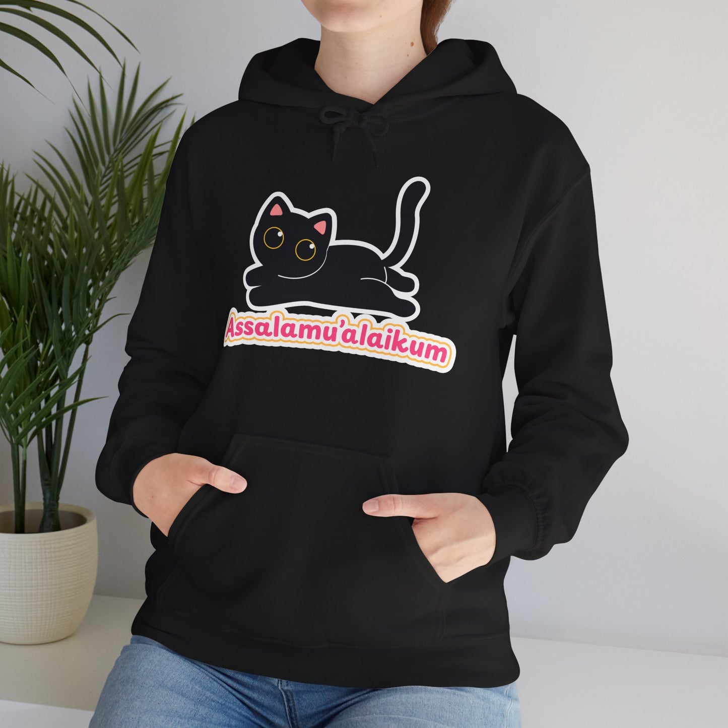 Assalamualaikum Typographic Hoodie - Cute Black Cat Graphic Cozy Soft Cotton Unisex Hoodie