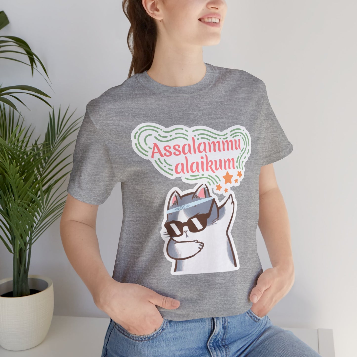 Assalamualaikum Typographic Tee T-Shirt - Cat Sunglasses Graphic Cozy Soft Cotton Unisex Tee