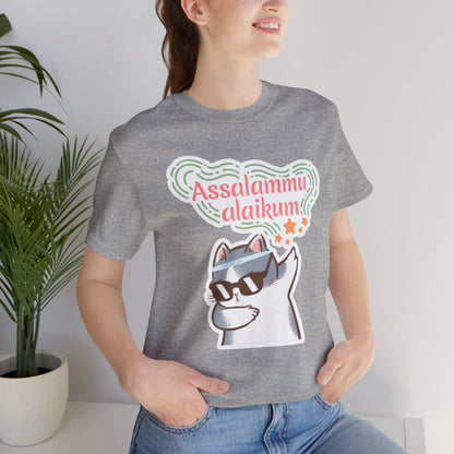 Assalamualaikum Typographic Tee T-Shirt - Cat Sunglasses Graphic Cozy Soft Cotton Unisex Tee