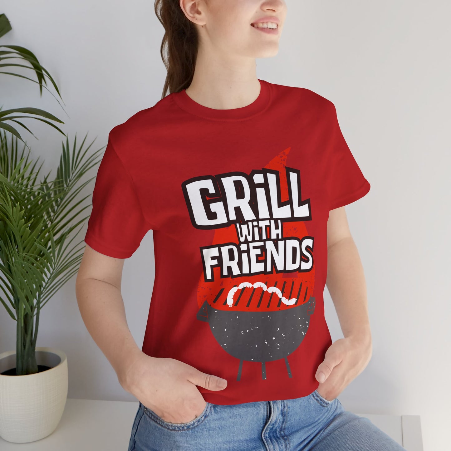 Grill with Friends Typographic Tee T-Shirt - Cozy Soft Cotton Unisex Sausage Graphic Tee T-Shirt