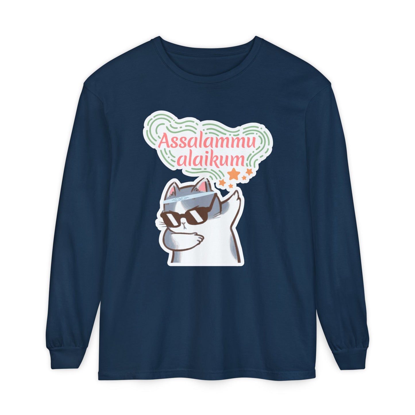 Assalamualaikum Typographic Long Sleeve Tee T-Shirt - Cat Sunglasses Graphic Cozy Soft Cotton Unisex Long Sleeve Tee