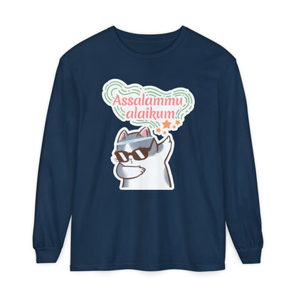 Assalamualaikum Typographic Long Sleeve Tee T-Shirt - Cat Sunglasses Graphic Cozy Soft Cotton Unisex Long Sleeve Tee