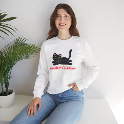 Assalamualaikum Typographic Sweatshirt - Cute Black Cat Graphic Cozy Soft Cotton Unisex Sweatshirt