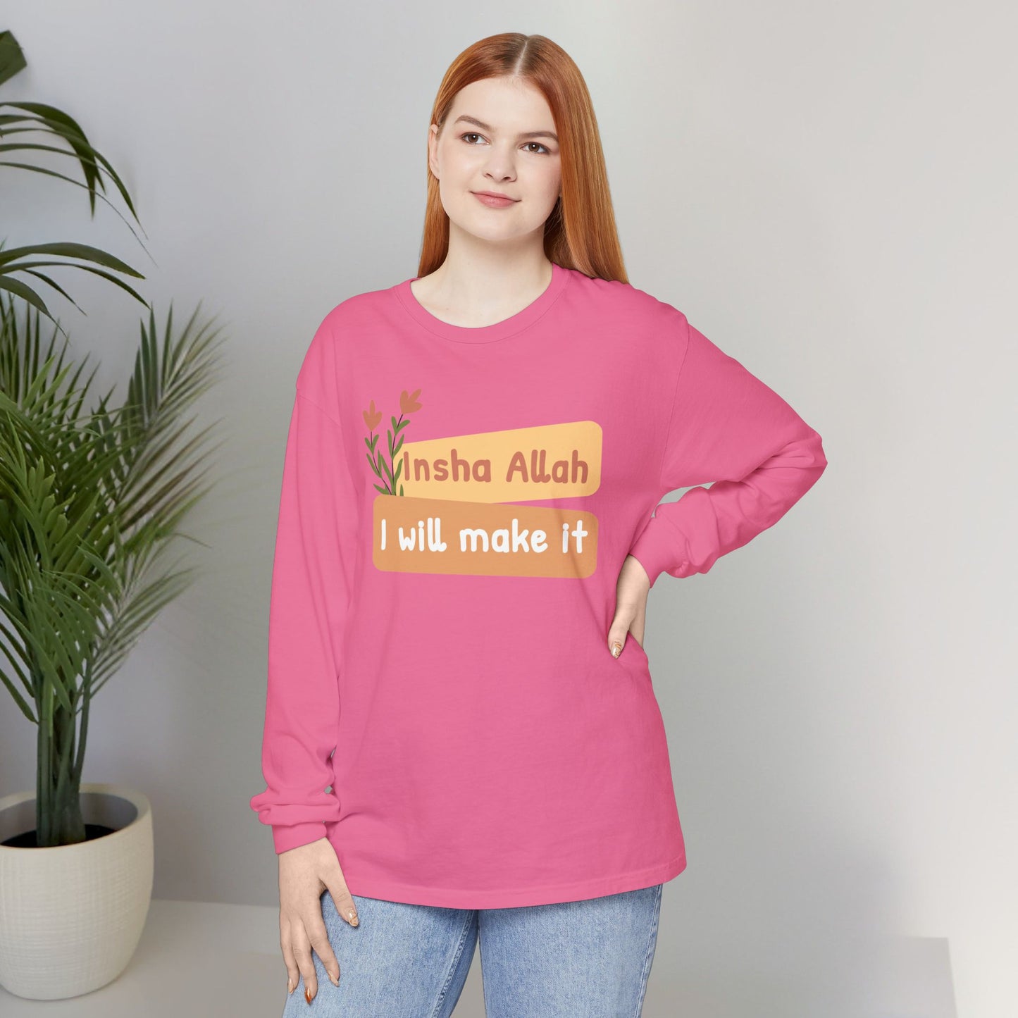 Inshallah I Will Make It Typographic Long Sleeve Tee T-Shirt - Cozy Soft Cotton Unisex Long Sleeve Tee