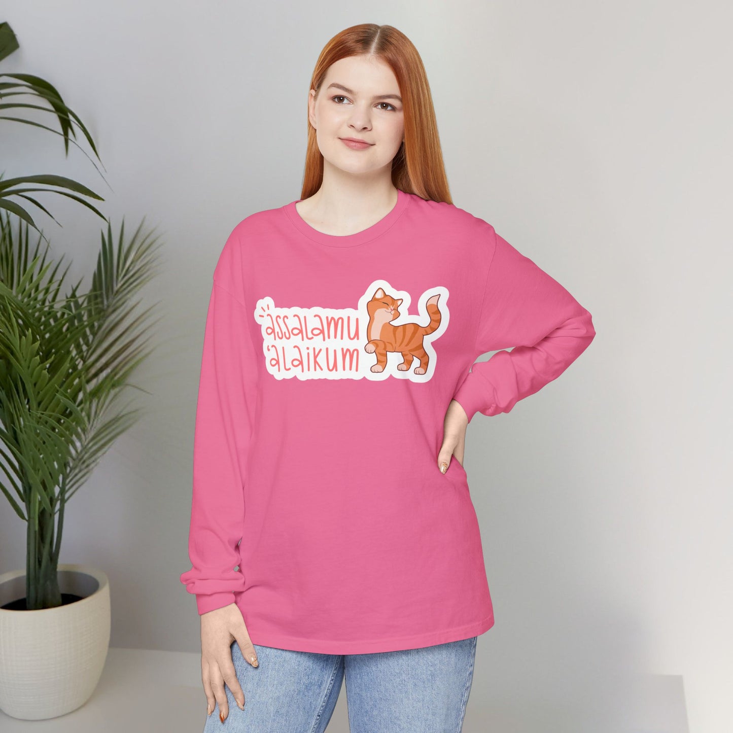 Assalamualaikum Typographic Long Sleeve Tee T-Shirt - Cute Cat Smug Graphic Cozy Soft Cotton Unisex Long Sleeve Tee