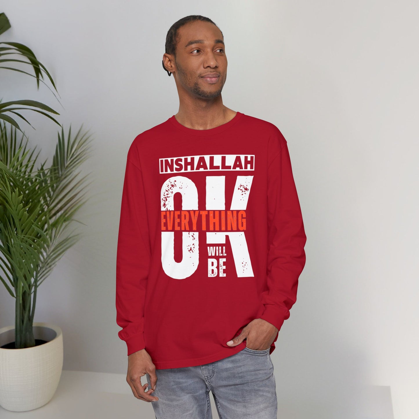 Inshallah Everything OK Typographic Long Sleeve Tee T-Shirt - Cozy Soft Cotton Unisex Long Sleeve Tee