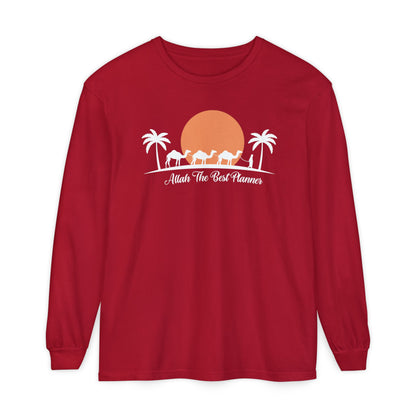 Allah Is The Best Planner Typographic Long Sleeve Tee T-Shirt - Camel Travel in Desert Cozy Soft Cotton Unisex Long Sleeve Tee