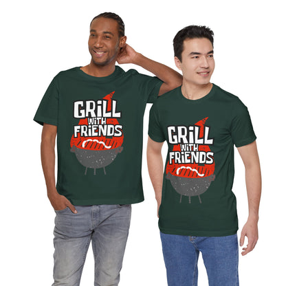 Grill with Friends Typographic Tee T-Shirt - Cozy Soft Cotton Unisex Sausage Graphic Tee T-Shirt