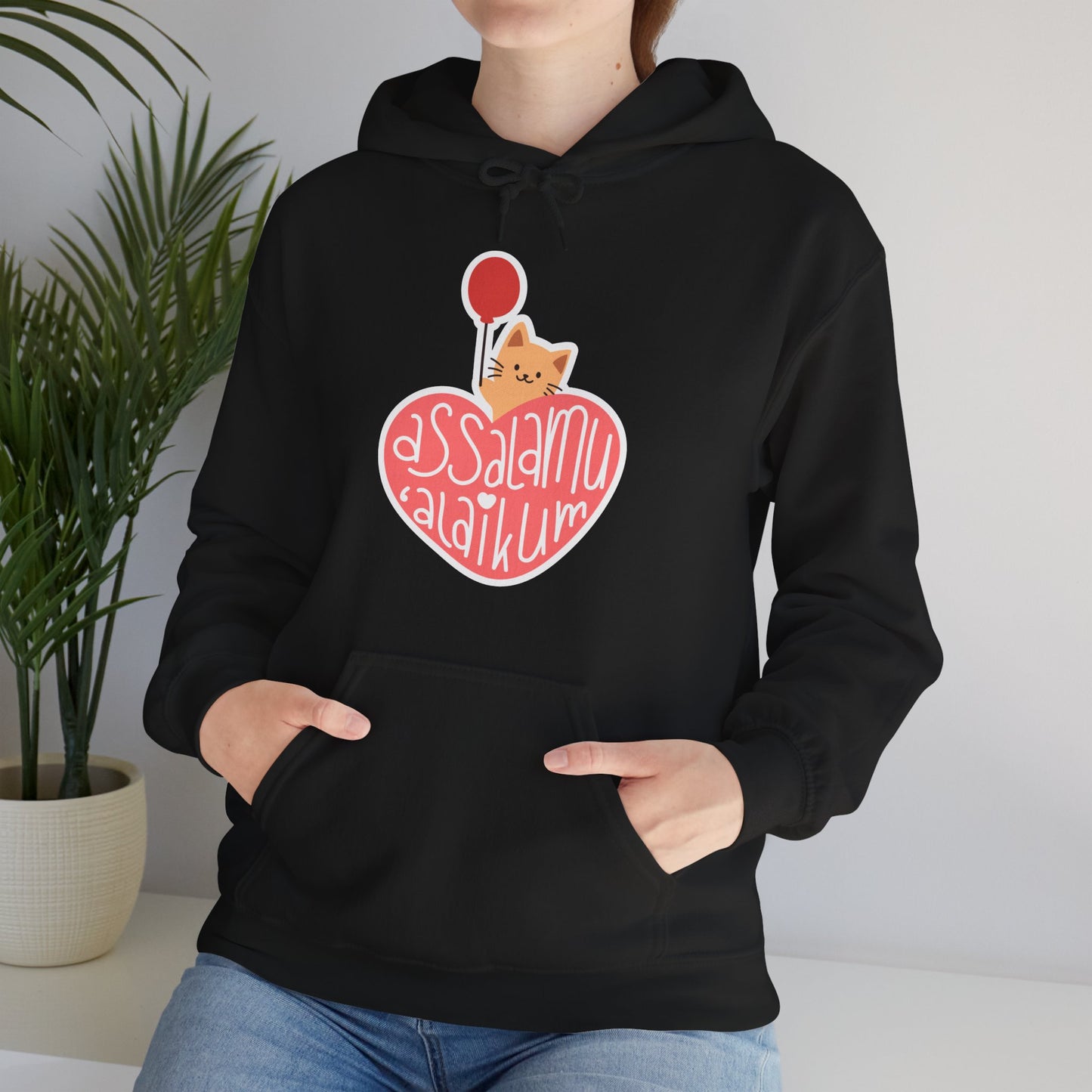 Assalamualaikum Typographic Hoodie - Cute Cat Heart Balloon Graphic Cozy Soft Cotton Unisex Hoodie