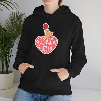 Assalamualaikum Typographic Hoodie - Cute Cat Heart Balloon Graphic Cozy Soft Cotton Unisex Hoodie