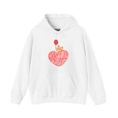 Assalamualaikum Typographic Hoodie - Cute Cat Heart Balloon Graphic Cozy Soft Cotton Unisex Hoodie