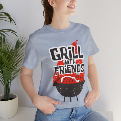 Grill with Friends Typographic Tee T-Shirt - Cozy Soft Cotton Unisex Sausage Graphic Tee T-Shirt