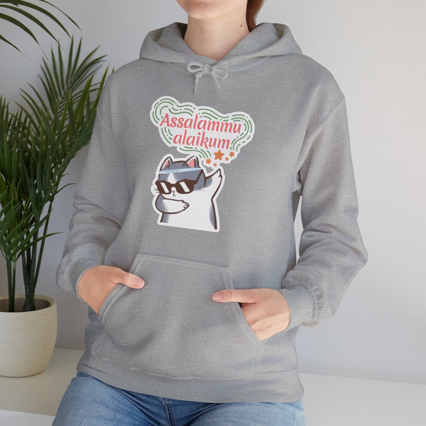 Assalamualaikum Typographic Hoodie - Cat Sunglasses Graphic Cozy Soft Cotton Unisex Hoodie