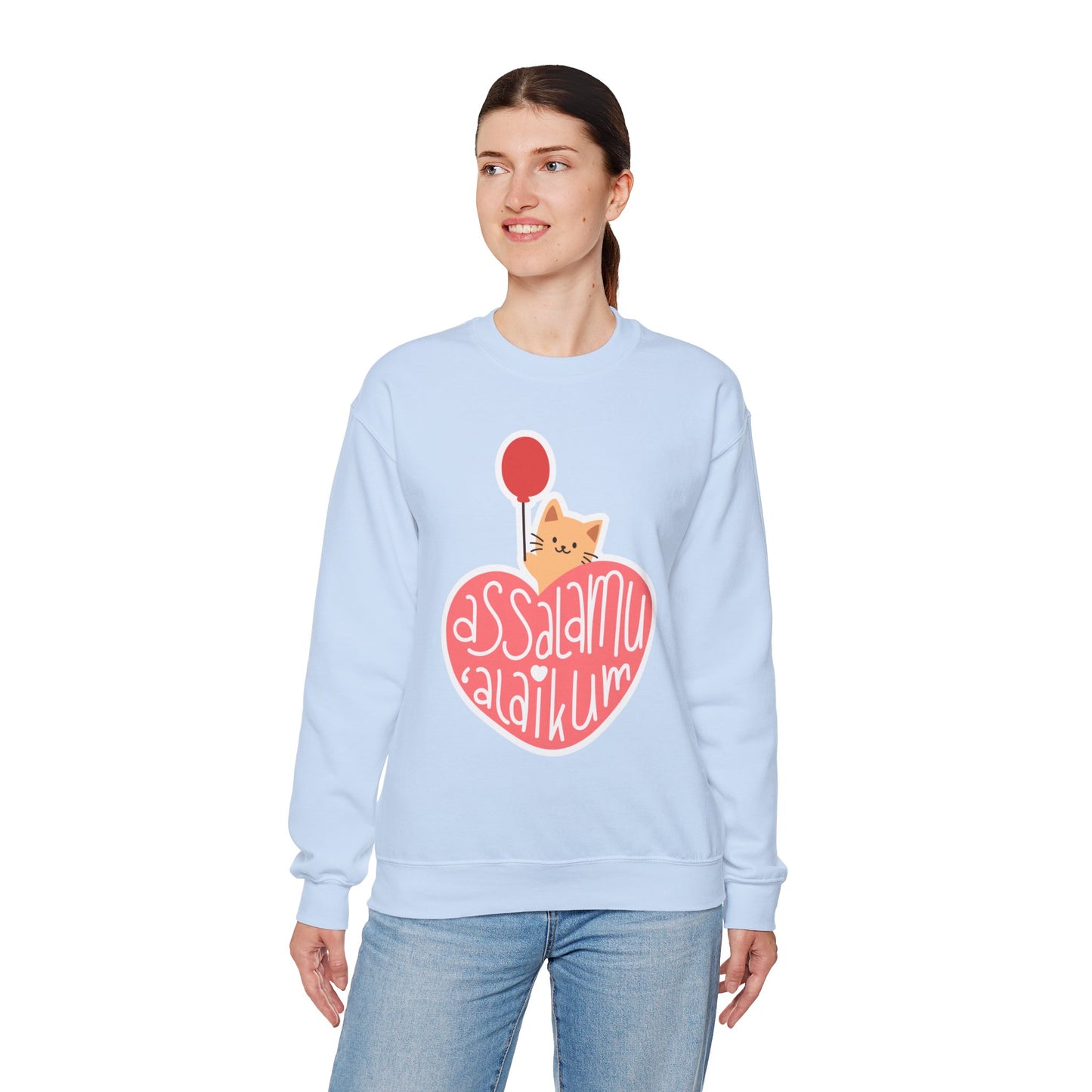 Assalamualaikum Typographic Sweatshirt - Cute Cat Heart Balloon Graphic Cozy Soft Cotton Unisex Sweatshirt