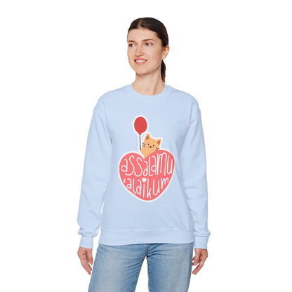 Assalamualaikum Typographic Sweatshirt - Cute Cat Heart Balloon Graphic Cozy Soft Cotton Unisex Sweatshirt